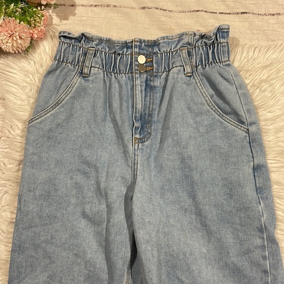 Oak + Fort Elastic Paperbag Raw Hem Straight Leg High Rise Jeans - Picture 7 of 14